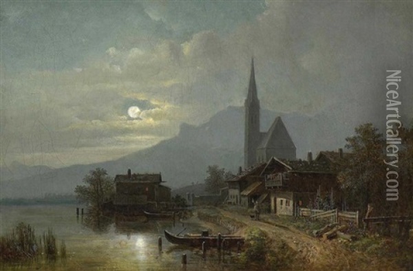 Gebirgsdorf An Einem See Bei Mondschein (egern Am Tegernsee?) Oil Painting - Heinrich Buerkel