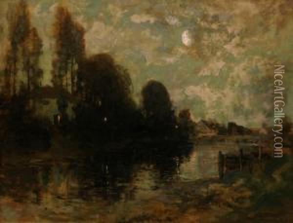 Rws - Moonlit French Village 1903 Oil On Canvas Signed Lower Right 69 By89 Cm Provenance: Private Collection, Melbourne Oil Painting - George Grosvenor Thomas