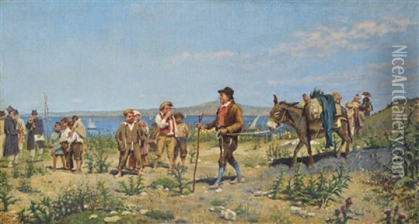 Travellers On A Coastal Path, Possibly Sicily Oil Painting - Marco De Gregorio
