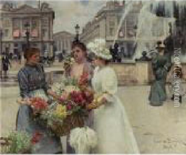 A Flower Seller At The Place De La Concorde Oil Painting - Louis De Schryver