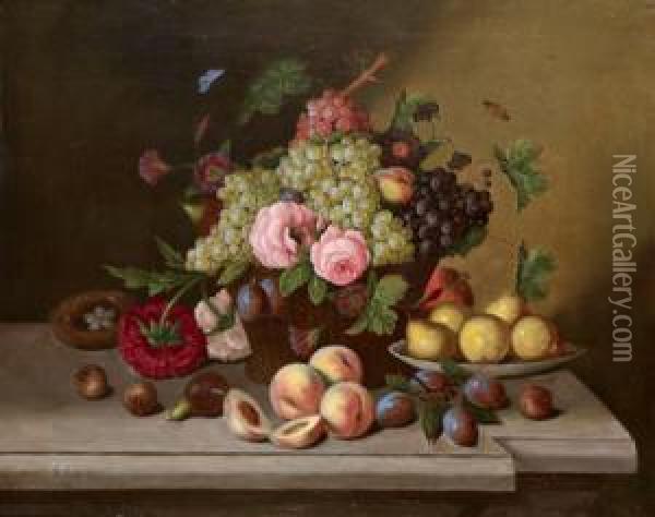 Obststillleben Mit Rosen Und Vogelnest Auf Marmorplatte Oil Painting - Georg Seitz