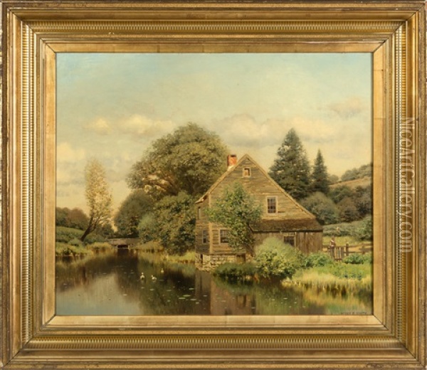 Cottage Near Stream With Figure And Ducks Oil Painting - Henry Pember Smith