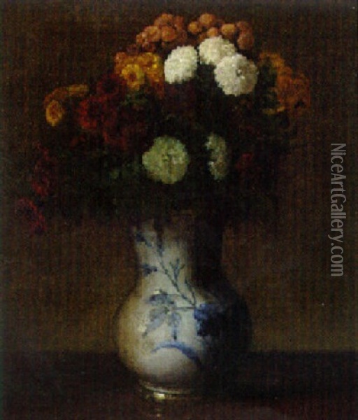 Summer Flowers In A Blue And White Vase Oil Painting - Victoria Dubourg Fantin-Latour