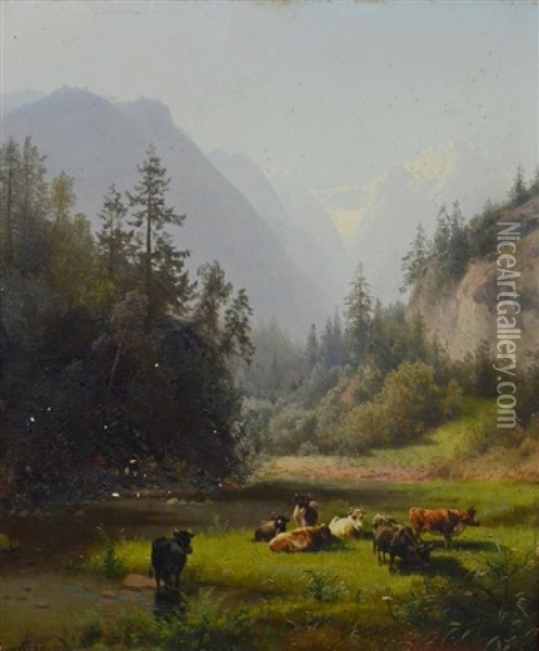 Pastoral Landscape Painting With Cattle Oil Painting - Hermann Herzog