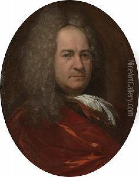 Portrait Of A Gentleman, Bust Length, A Crimson Coat And A White Lace Jabot Oil Painting - Adriaen Van Der Werff