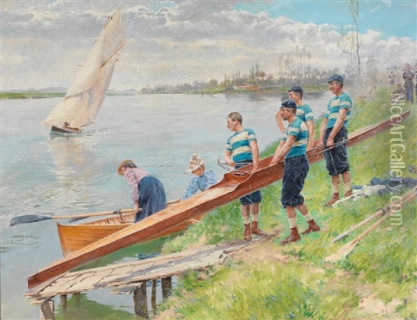 Launching The Boat Oil Painting - Ferdinand Joseph Gueldry