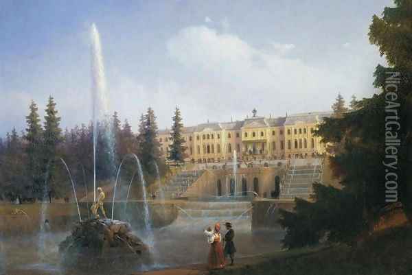 View of the Big Cascade in Petergof and the Great Palace of Petergof Oil Painting - Ivan Konstantinovich Aivazovsky