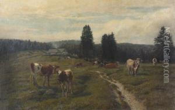 Weidende Rinder Auf Der Alp La Capitaine. Oil Painting - Rudolf Koller