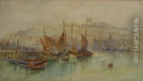 Fishing Boats Moored At Dock End Whitby Oil Painting - Frank Rousse