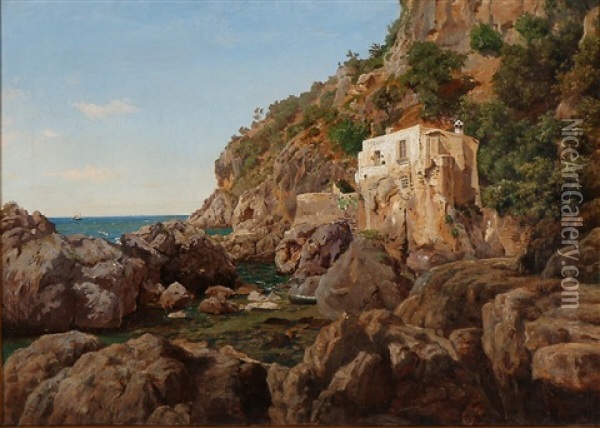 Southern Coastal Scenery With A Villa Oil Painting - Anton Edvard Kjeldrup