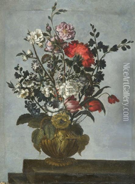 Bouquet De Fleurs Dans Un Vase Sculpte Oil Painting - Bartolommeo Bimbi