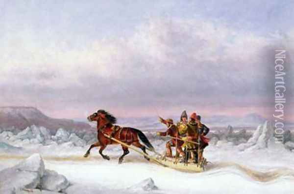 Crossing the St Lawrence from Levis to Quebec on a Sleigh Oil Painting - Cornelius Krieghoff