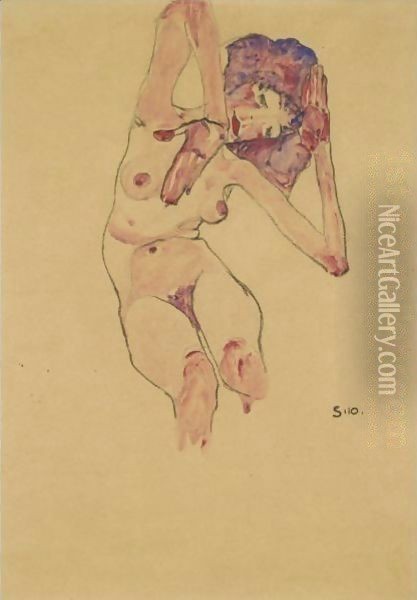 Sitzender Frauenakt Mit Geneigtem Kopf Und Erhobenen Armen (Seated Female Nude With Tilted Head And Raised Arms) 2 Oil Painting - Egon Schiele