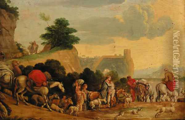 Travellers with goats, cattle and dogs on a track Oil Painting - Nicolaes Moyart