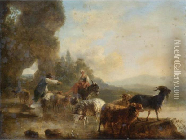An Italianate Landscape With A Drover With Sheep And Goats Oil Painting - Balthasar Paul Ommeganck