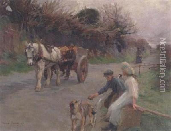 Travellers Resting With A Horse And Cart Passing By Oil Painting - Harvey Harold