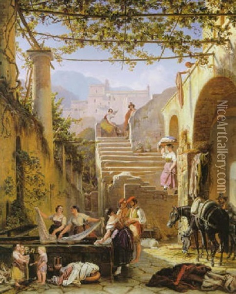 Wascherinnen Am Brunnen Von Subiaco Oil Painting - August Lucas