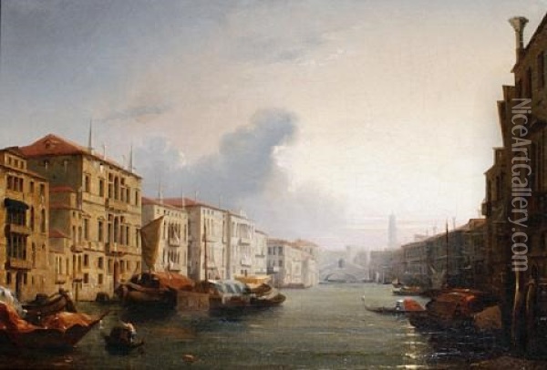 The Grand Canal With The Rialto Bridge In The Distance Oil Painting - Jules-Romain Joyant