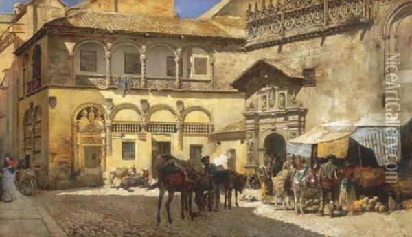 Market Square In Front Of The Sacristy And Doorway Of Thecathedral, Granada Oil Painting - Edwin Lord Weeks