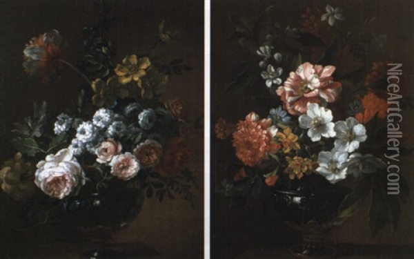 Vases De Fleurs Sur Un Entablement Oil Painting - Jean-Baptiste Monnoyer