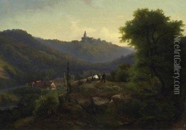 Schloss Burg By The Wupper. View From The Hillside Onto The Castle In The Evening Sun. Signed And Dated Bottom Right: C. Irmer 54 Oil Painting - Carl Irmer