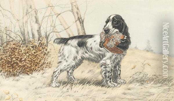 Spaniel With A Woodcock Oil Painting - Leon Danchin