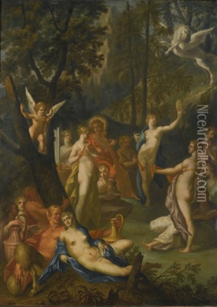 Apollo And The Muses On Mount Parnassus Oil Painting - Bartholomaeus Spranger