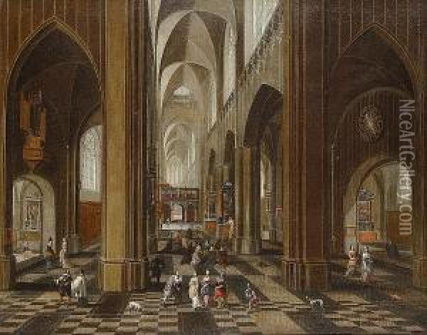 A Church Interior With Figures And Dogs Oil Painting - Peeter, the Elder Neeffs