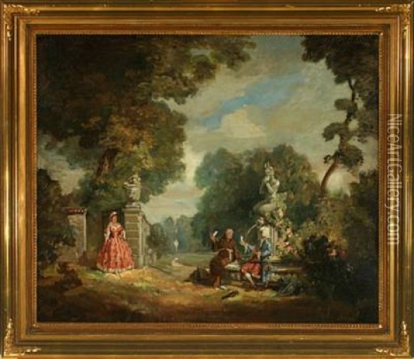 Scenery From A Park With Woman Looking At A Monk And Gentleman Oil Painting - Carl Forup