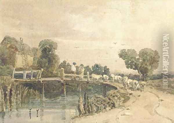 Shepherd and flock on a bridge, near Newark Oil Painting - Peter de Wint