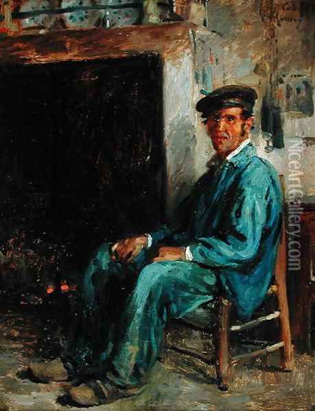 A Peasant in Front of a Hearth, 1859 Oil Painting - Adolphe-Felix Cals