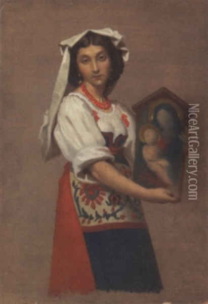 A Neapolitan Beauty Holding An Icon Oil Painting - Raymond Balze