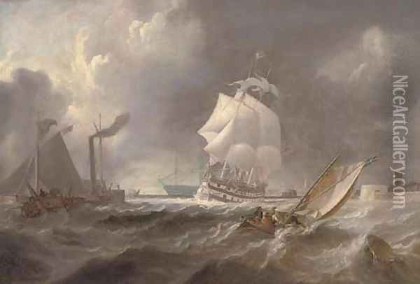A two-decker emerging from Portsmouth harbour into rough waters Oil Painting - Richard Bridges Beechey