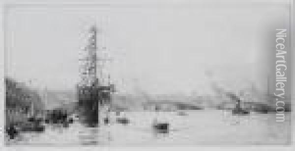 Hms President On The Thames Oil Painting - William Lionel Wyllie