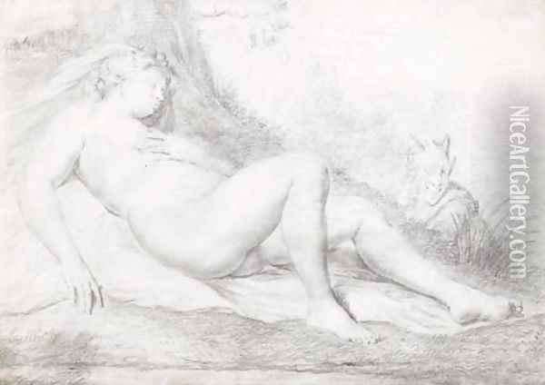 A sleeping nymph watched by a satyr Oil Painting - Willem van Mieris