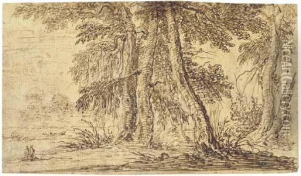 A Copse Of Mature Trees With Two Figures Oil Painting - Gillis Neyts