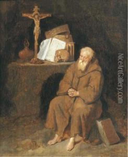 A Hermit Seated By An Altar In A Grotto Oil Painting - Quiringh Gerritsz. van Brekelenkam