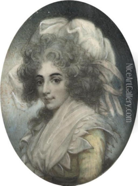 Sarah Siddons (nee Kemble), In 
Yellow Dress And White Fichu, Wearing A Large Headress With Pink Ribbons
 On Her Powdered Hair Oil Painting - John Downman