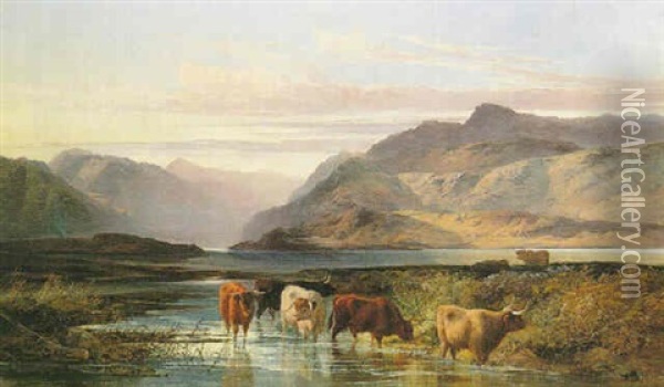 Highland Cattle Watering Oil Painting - Joseph Adam