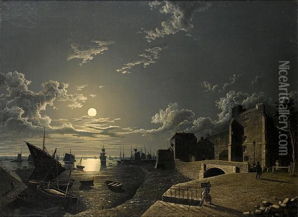 Harbour Scene At Moonlight, Possibly Portsmouth Oil Painting - Henry Pether