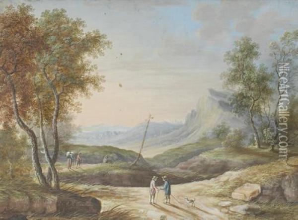 Travellers On A Country Path In An Open Landscape Oil Painting - Johann Martin Daubler