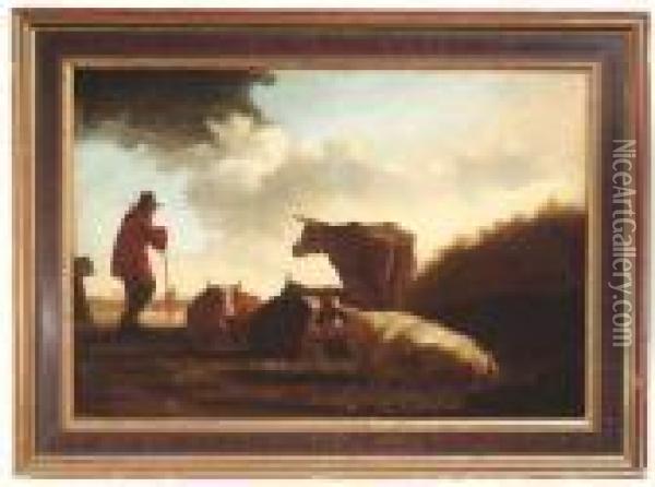An Extensive Dutch River Landscape With A Shepherd And His Cattle. Signed Oil Painting - Aelbert Cuyp