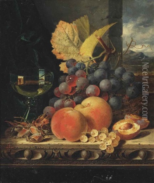A Glass Of White Wine, Grapes, Peaches And White Currants, On A Ledge, With A Landscape Beyond Oil Painting - Edward Ladell