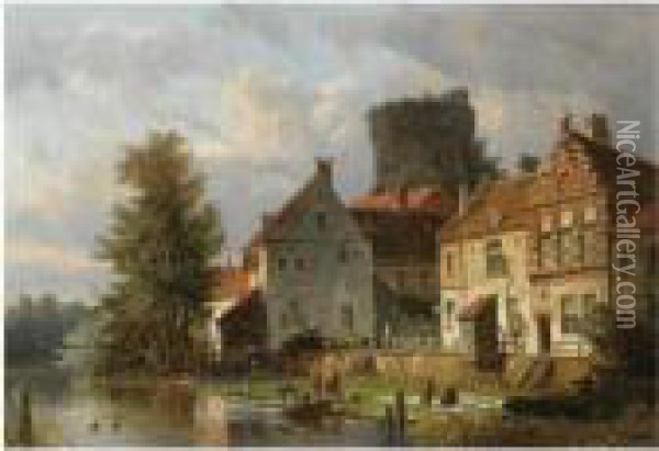 Many Figures In A Waterfront Town Oil Painting - Adrianus Eversen