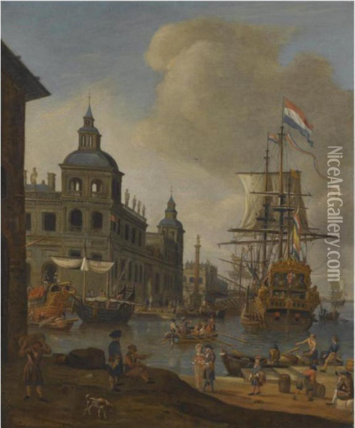A Capriccio View Of A 
Mediterranean Harbour With A Dutch Merchantship, Elegant Figures On The 
Quay And Men Unloading Their Ware Inthe Foreground Oil Painting - Abraham Storck