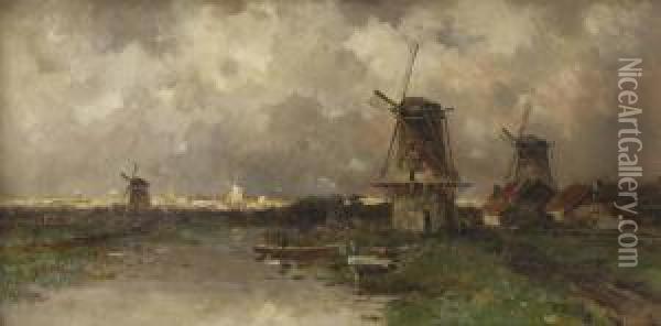 Opkomend Onweder: Windmills Along A River Oil Painting - Willem Cornelis Rip