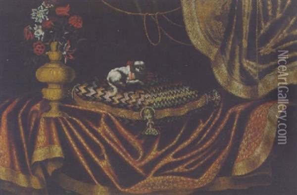 A Toy Spaniel On An Embroidered Cushion With A Vase Of Flowers On A Draped Table Oil Painting - Antonio Gianlisi