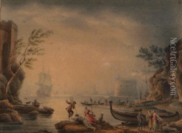 Figures By A Harbour Oil Painting - Claude-joseph Vernet