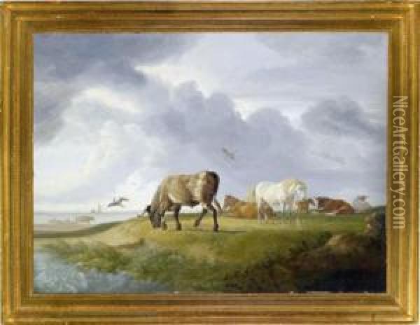 Mucche E Cavalli Che Brucano Lungo La Costa Oil Painting - Johann Heinrich Menken