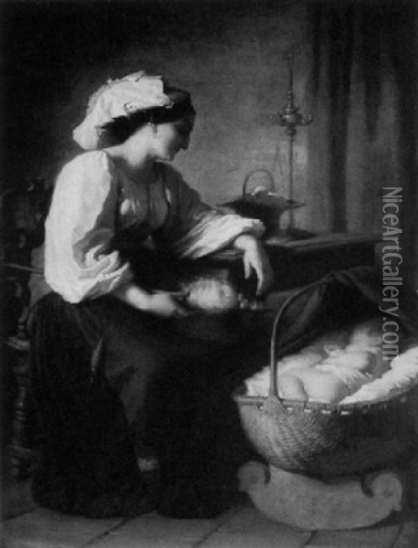 The Peaceful Slumber. Woman Holding A Distaff Watching A Sleeping Infant Oil Painting - Giuseppe Mazzolini